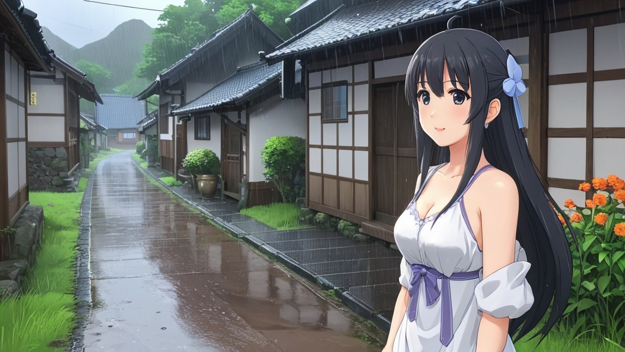 Serene Village Scene with Rain and Traditional Houses
