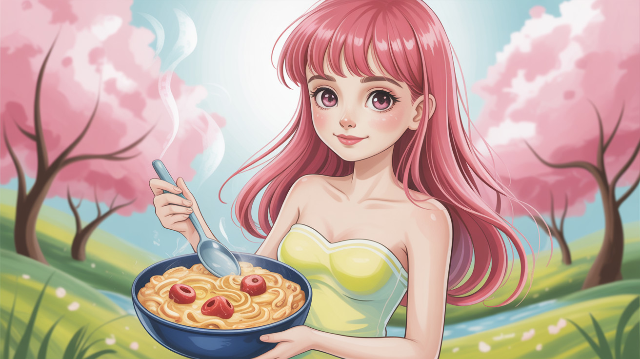 Anime girl with pink hair and noodles in a field