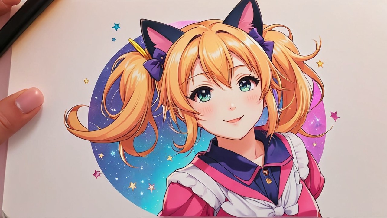 Cheerful anime girl with blonde pigtails and stars