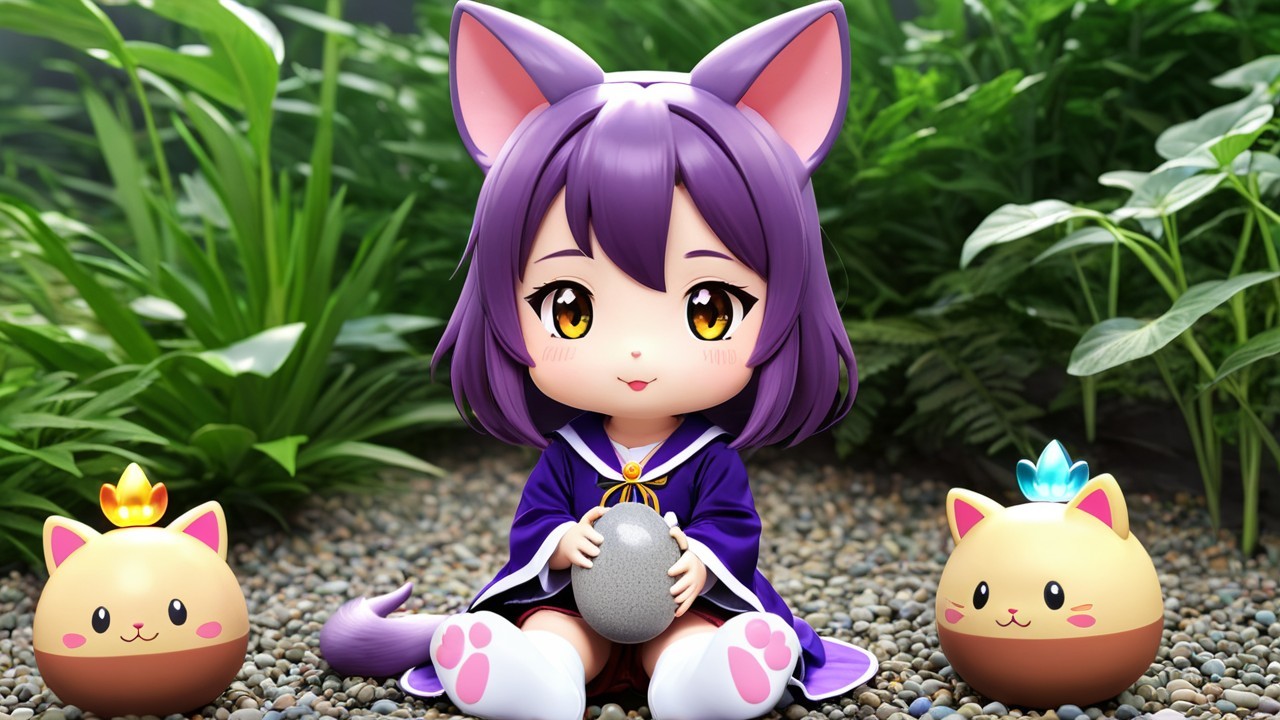 Chibi Character with Purple Hair Among Plants and Cats