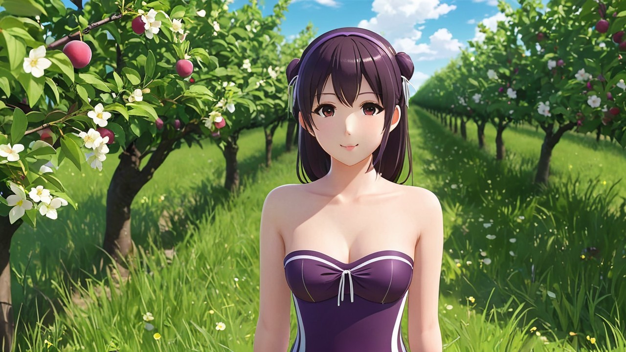 Young woman in orchard with apple trees and blossoms