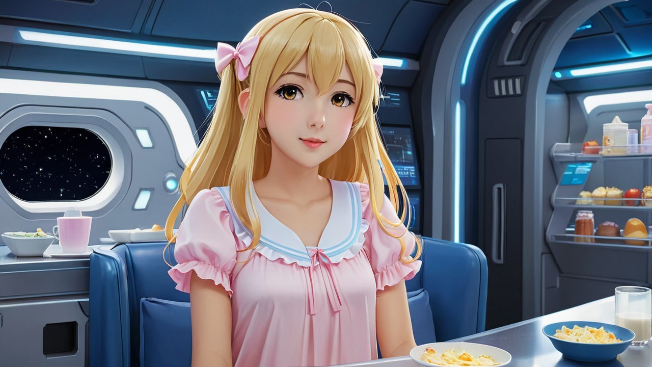Young woman in pink pajamas at futuristic spaceship table