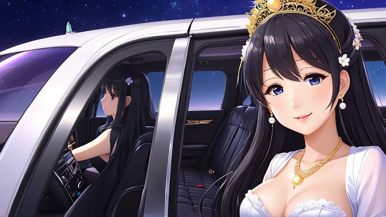Elegant Woman in Luxury Car Under Starry Sky