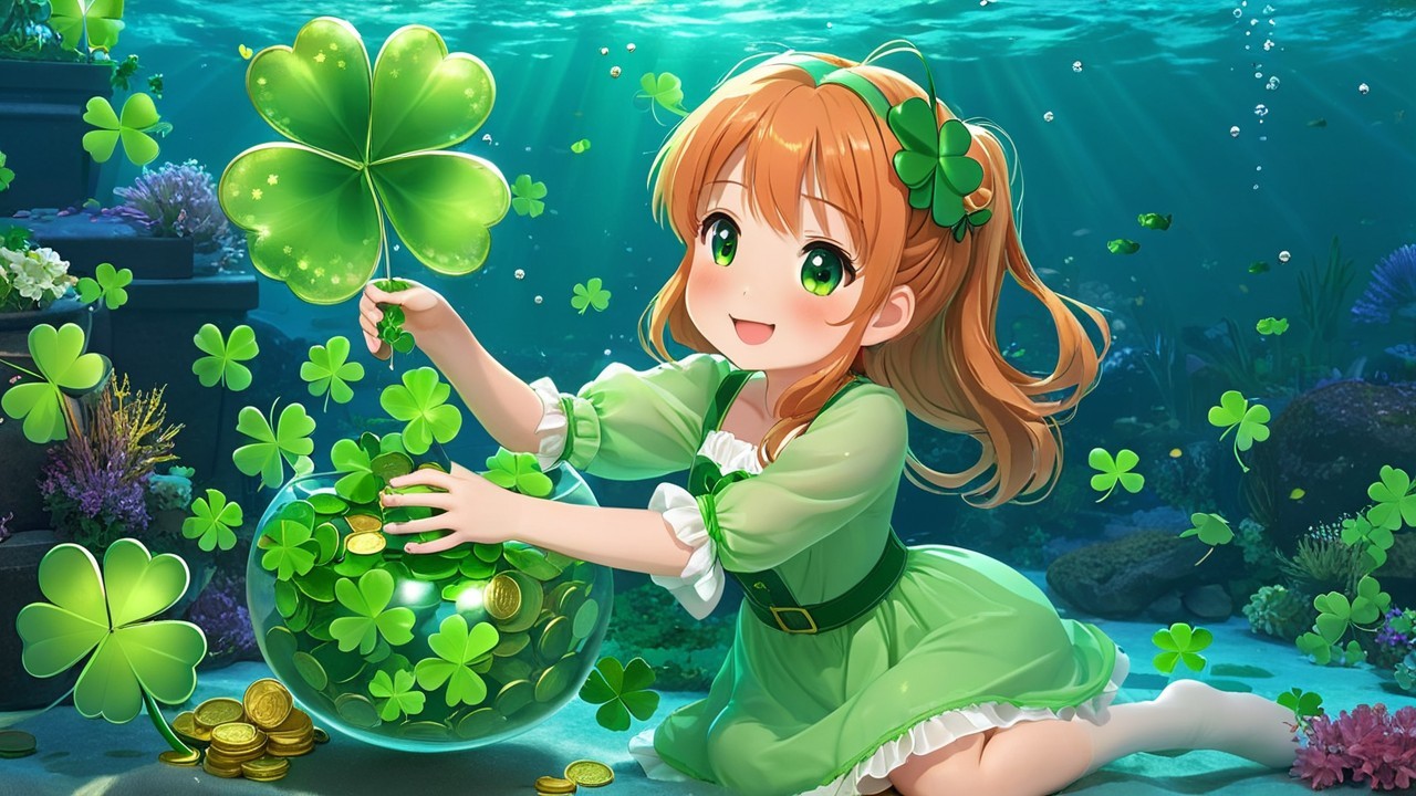Cheerful girl in green outfit plays underwater with clover