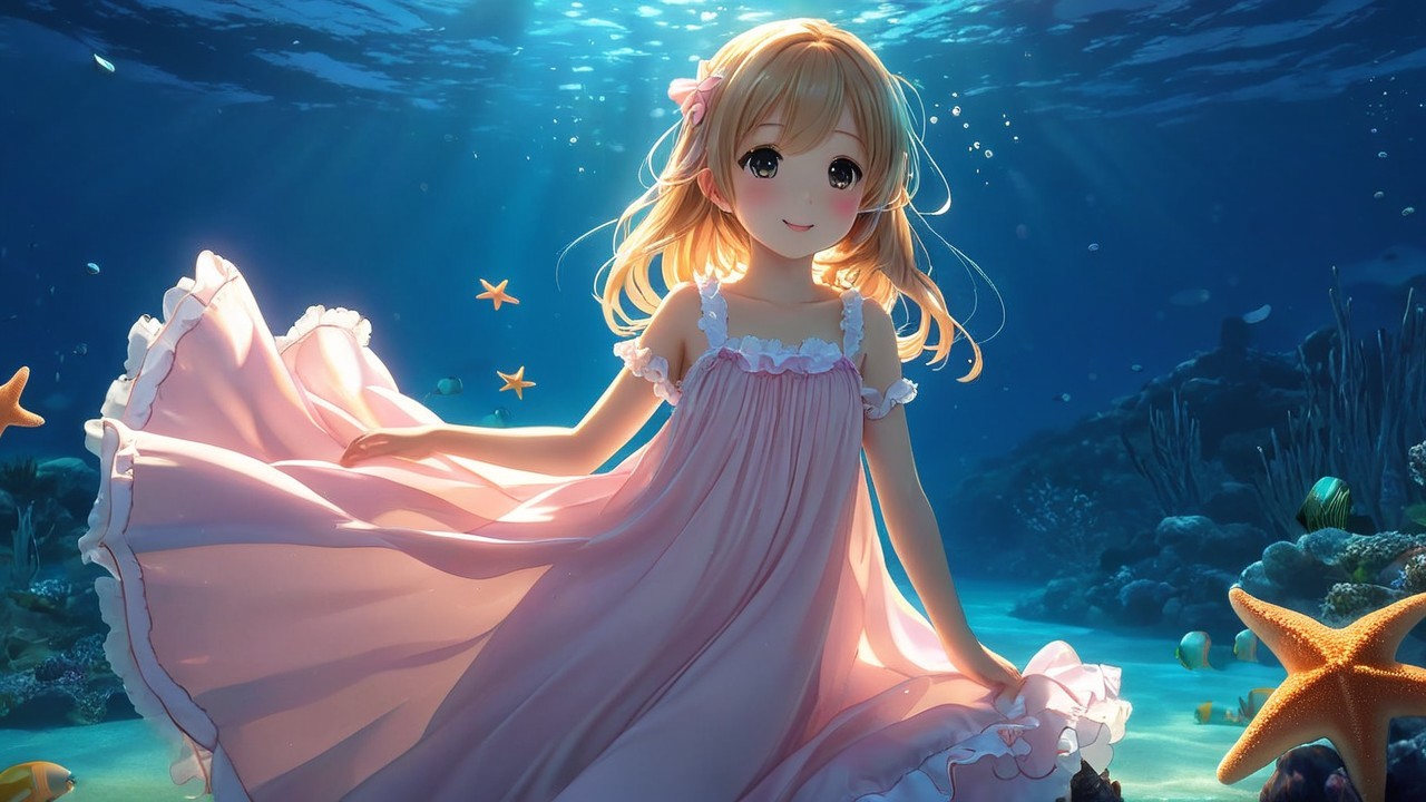 Underwater Scene with Girl in Pink Dress and Coral