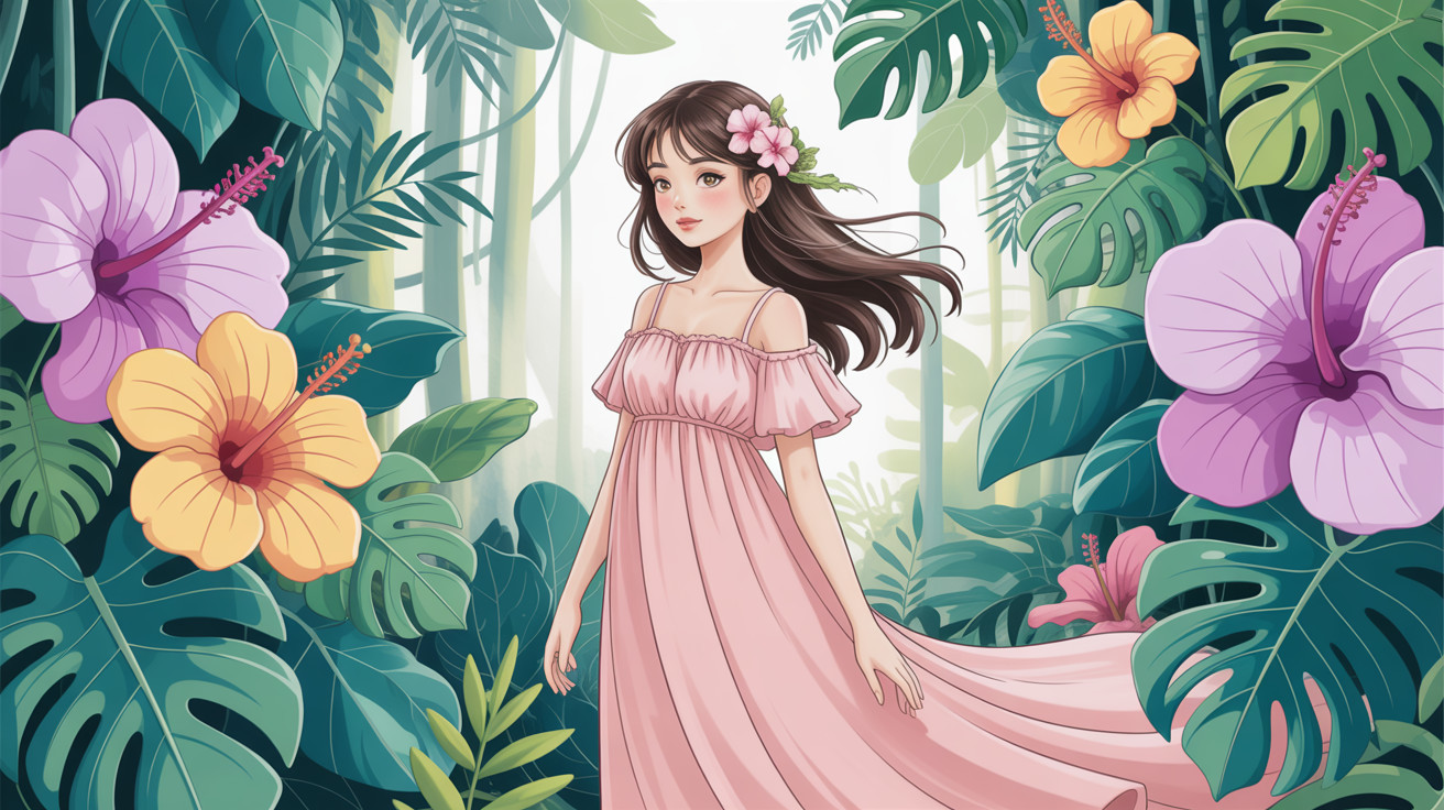 Young Woman in Pink Dress Surrounded by Tropical Foliage