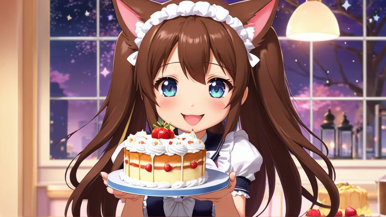 Cheerful girl in maid outfit with decorated cake