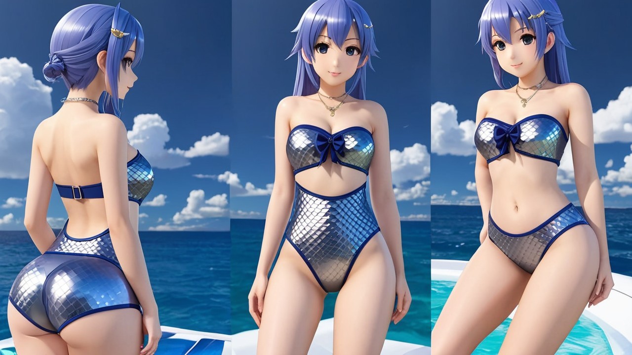 Stylized Animated Character in Trendy Swimwear Design