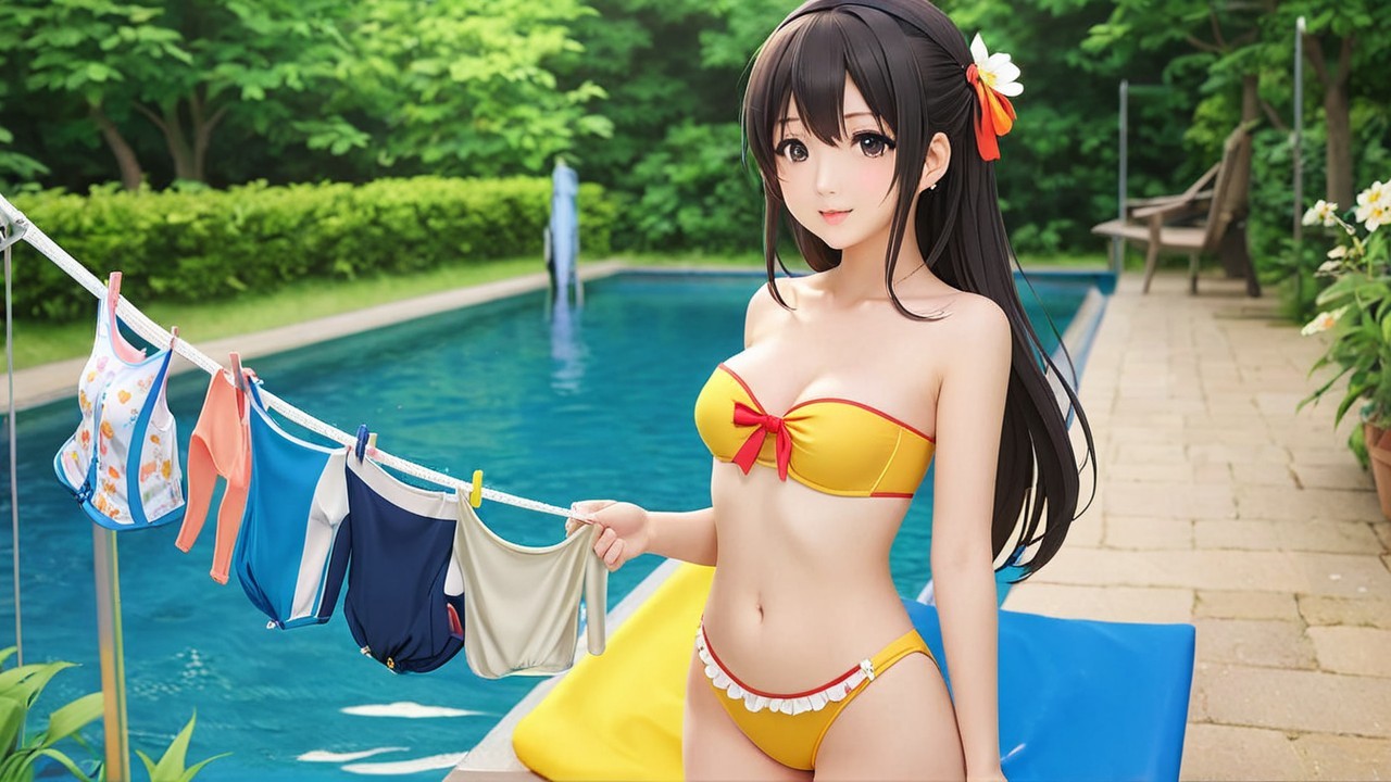 Cheerful anime girl by pool in vibrant bikini and swimwear