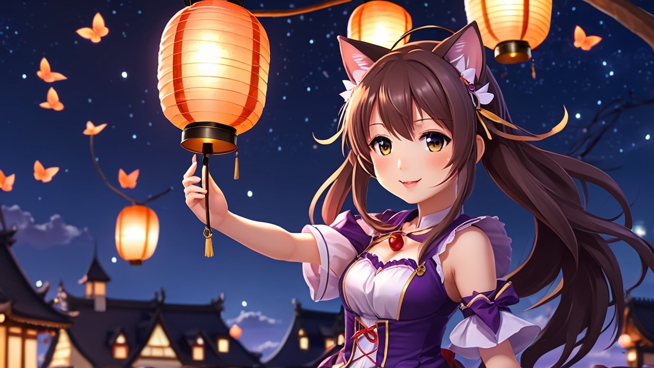 Cheerful girl with cat ears under a starry sky