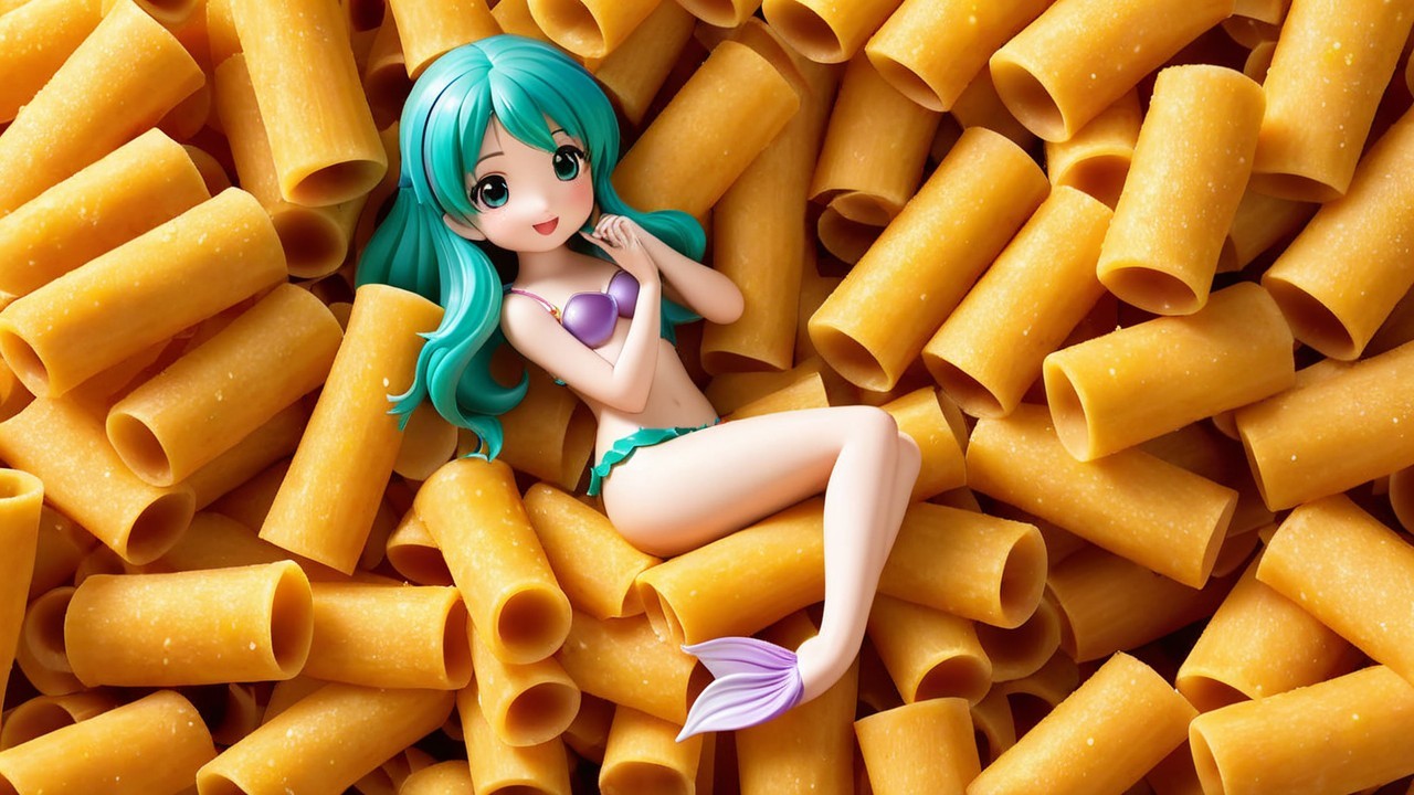 Anime Character with Turquoise Hair Among Rigatoni Pasta