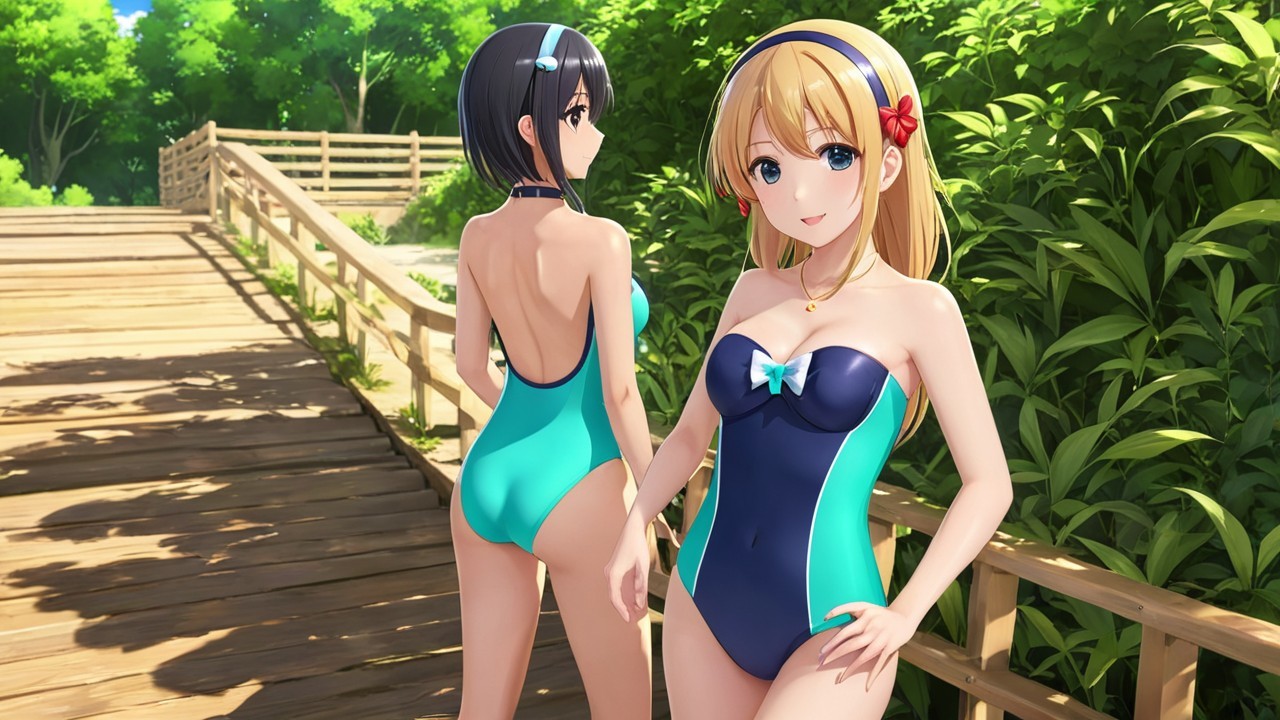 Animated girls in swimsuits by a wooden pathway