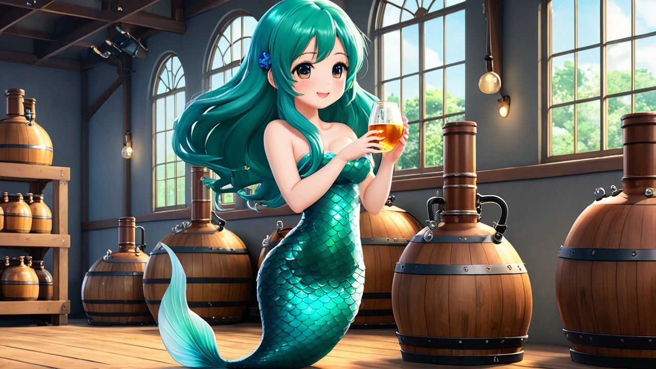 Mermaid in a Rustic Brewery with Frothy Drink