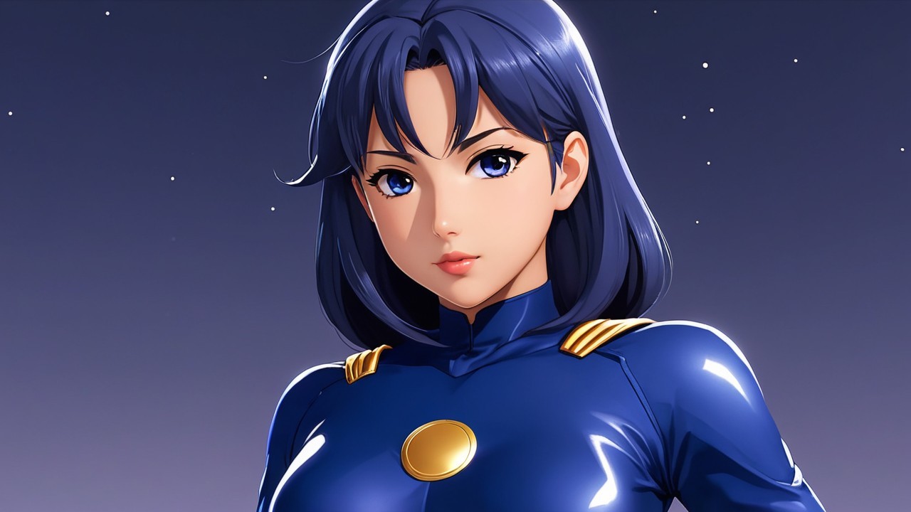Young woman in blue outfit against starry backdrop