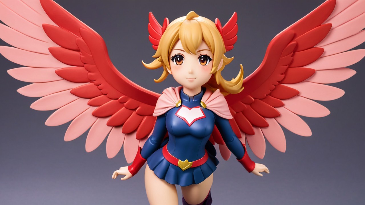 Colorful anime figure with pink wings and costume