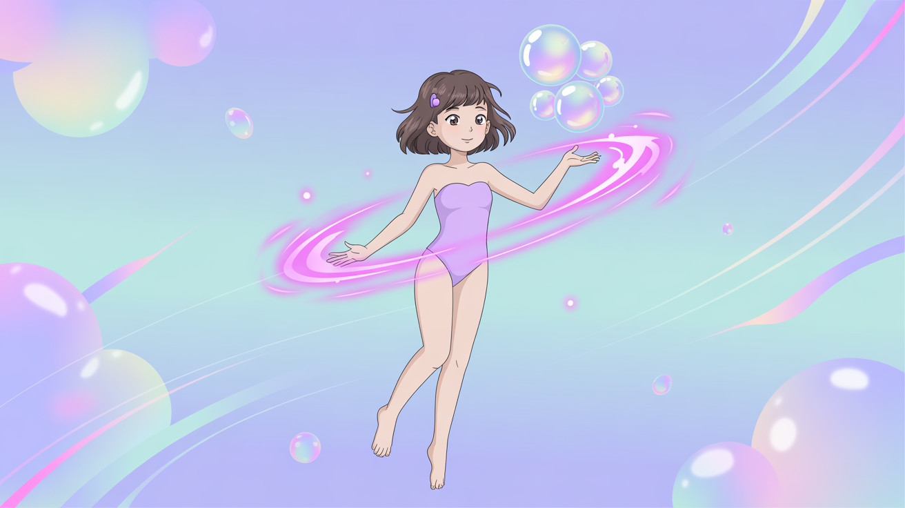 Anime illustration of a girl in a purple swimsuit floating