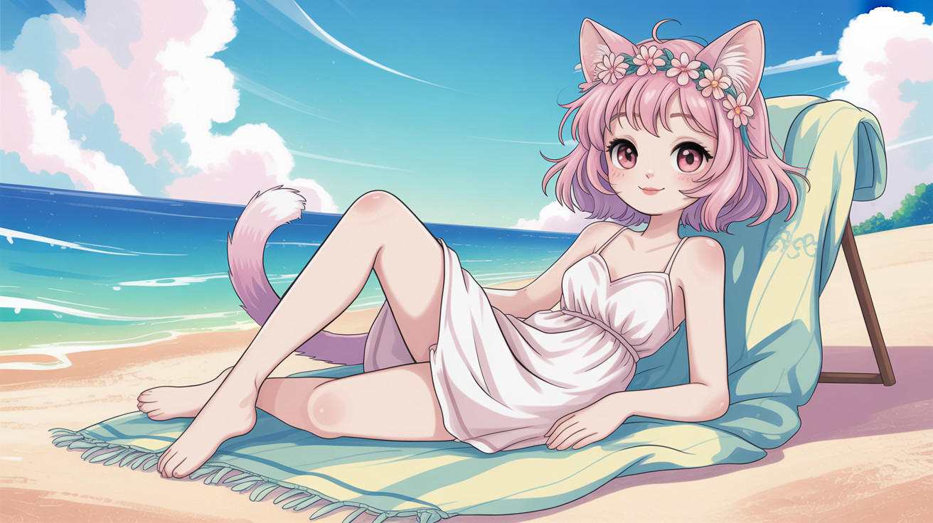 Cute girl with pink hair and cat ears at the beach
