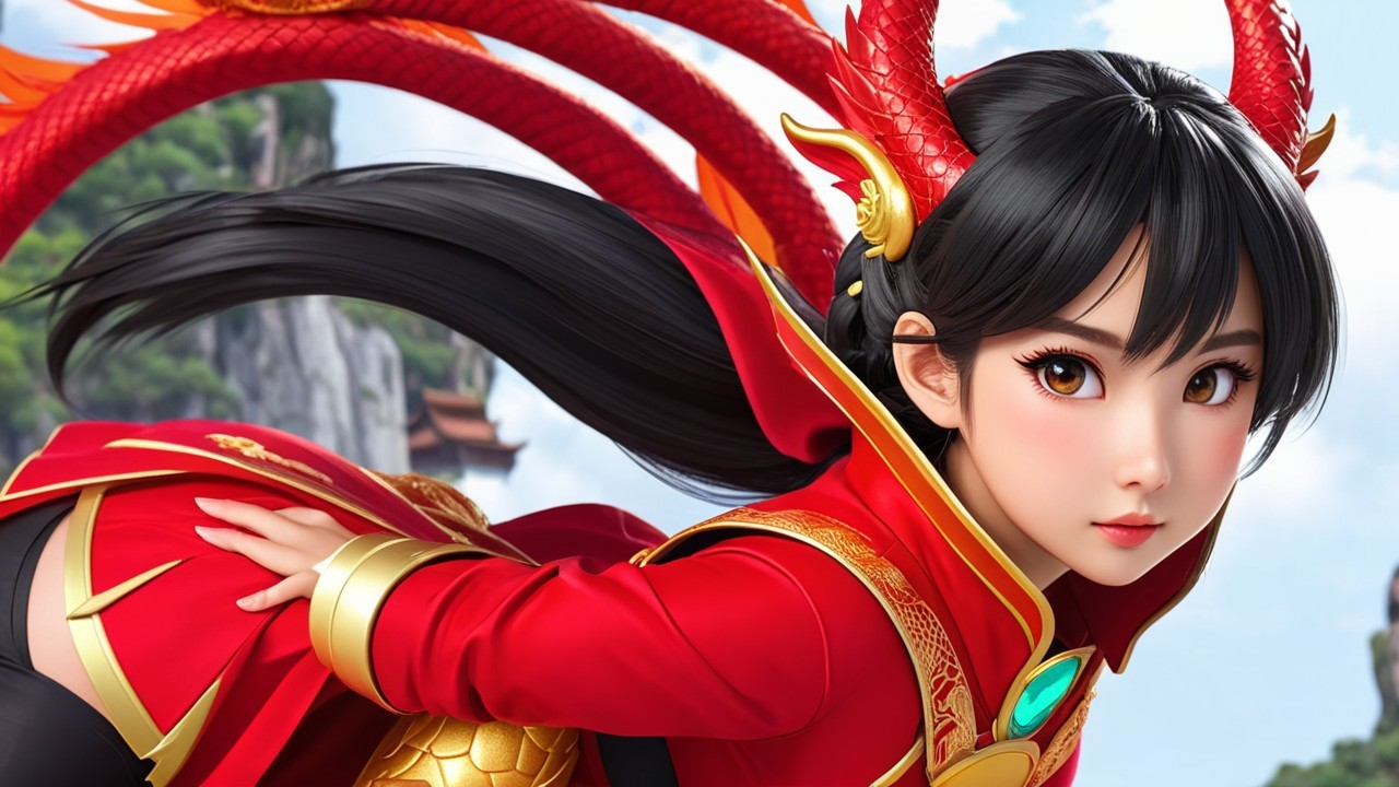 Vibrant Character in Red Attire with Dragon Horns