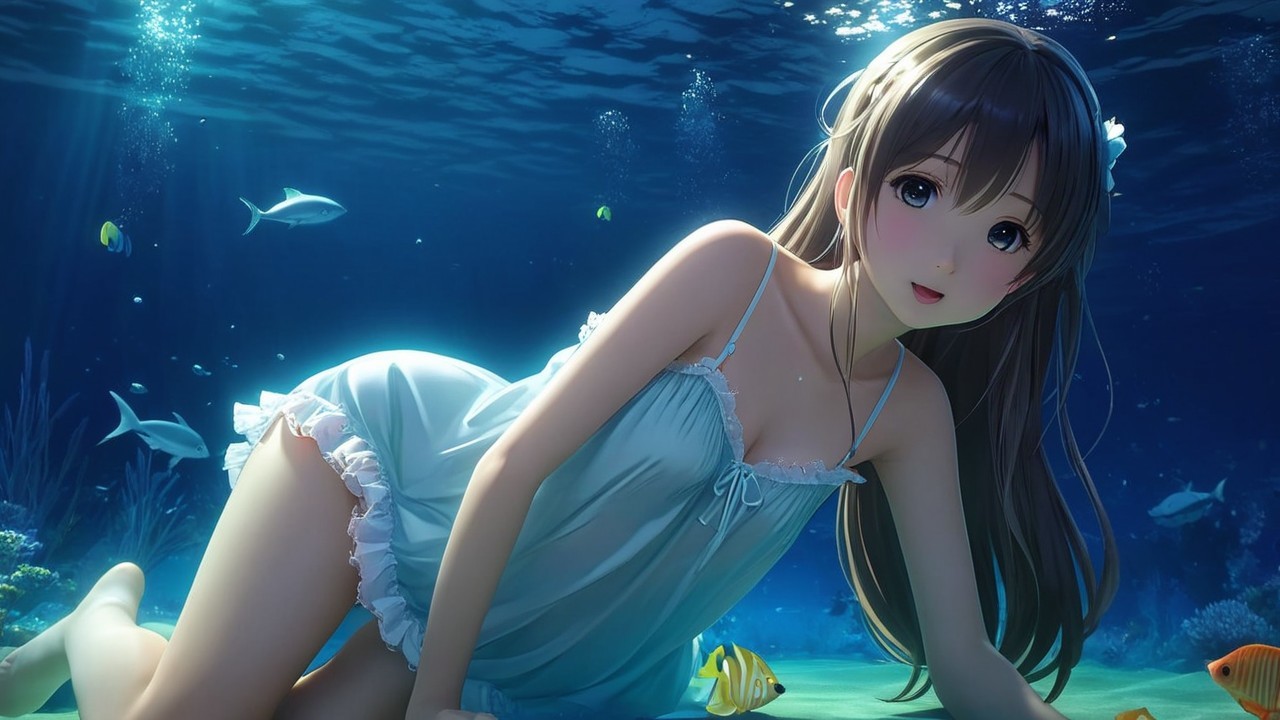 Underwater Scene with Young Woman and Colorful Fish