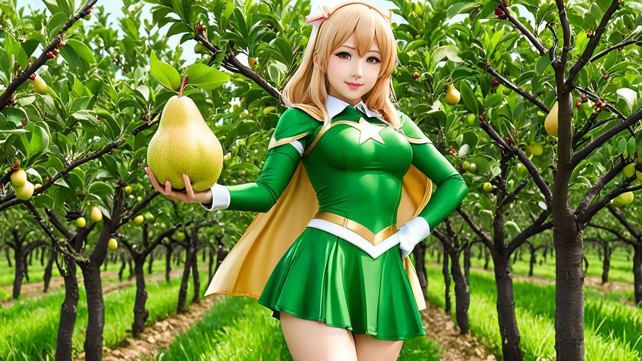 Cheerful superhero in green costume in pear orchard