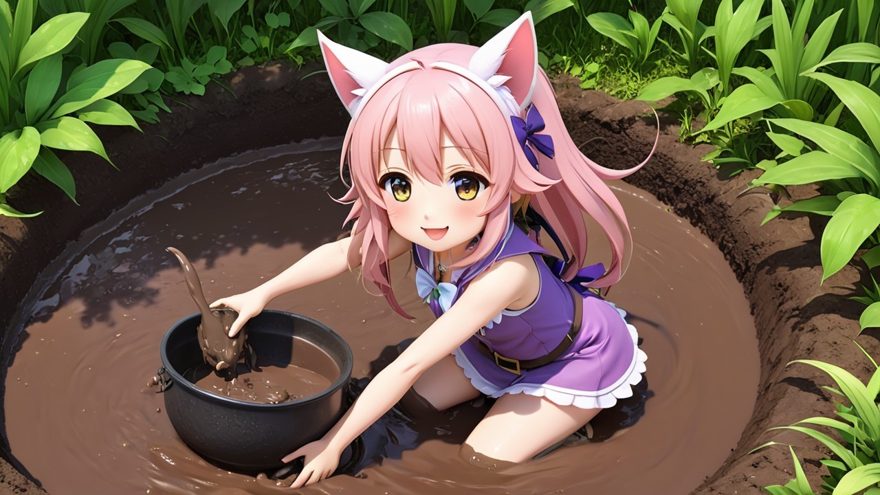 Cheerful Anime Girl with Cat Ears Playing in Muddy Puddle