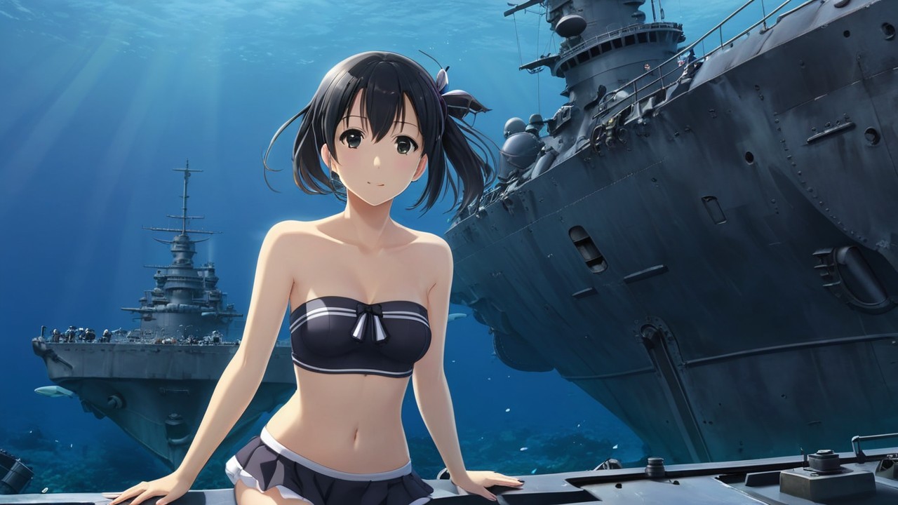 Girl in black bikini poses on submerged battleship