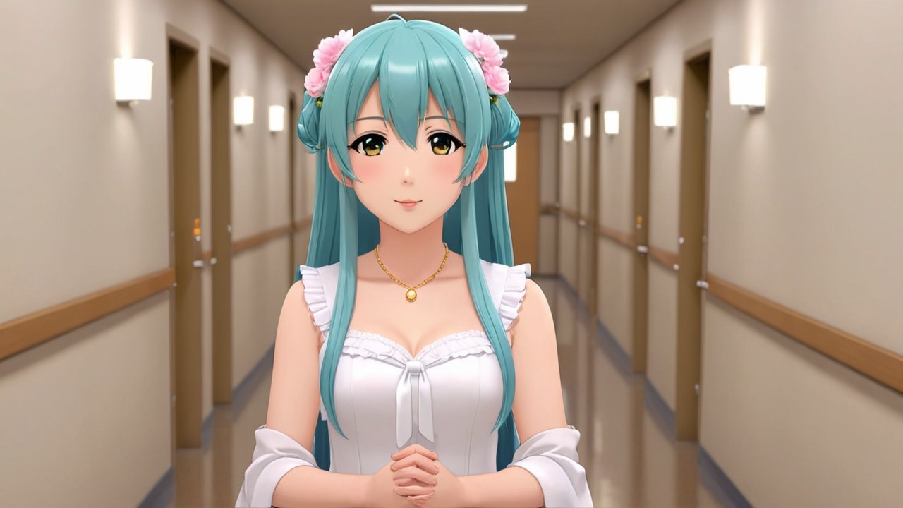 Stylized female character with turquoise hair and flowers