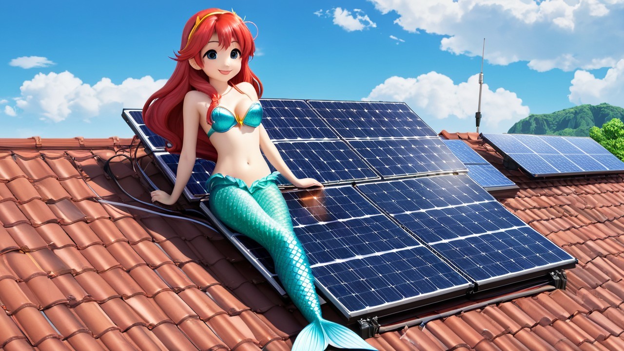 Cheerful Mermaid with Solar Panels on Rooftop Scene
