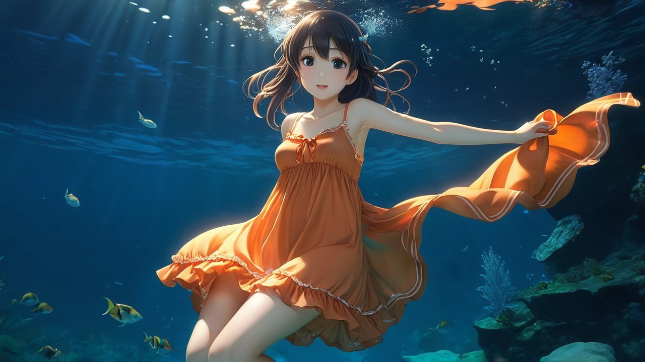 Underwater Scene with Woman in Flowing Orange Dress