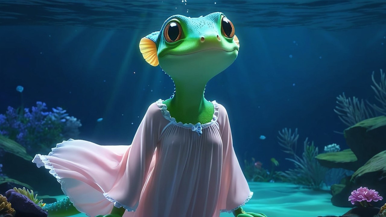 Whimsical Underwater Scene with Cheerful Gecko Character