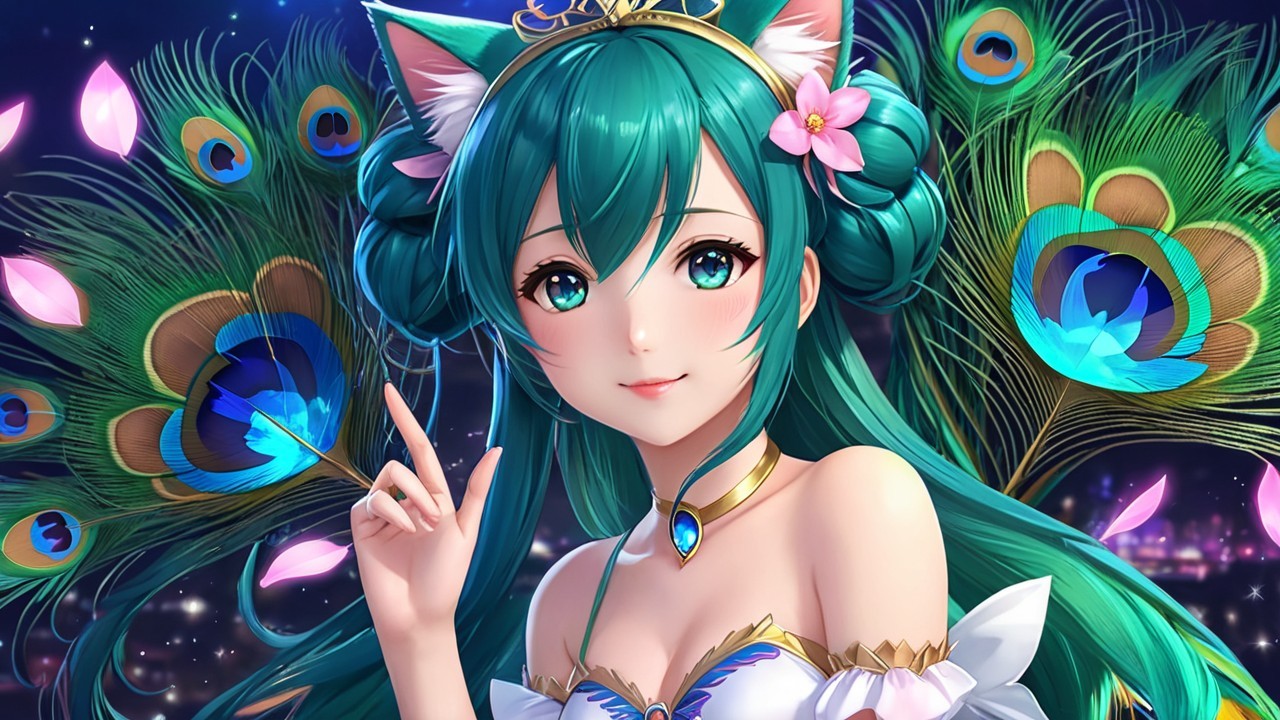 Character with Teal Hair and Peacock Feather Background
