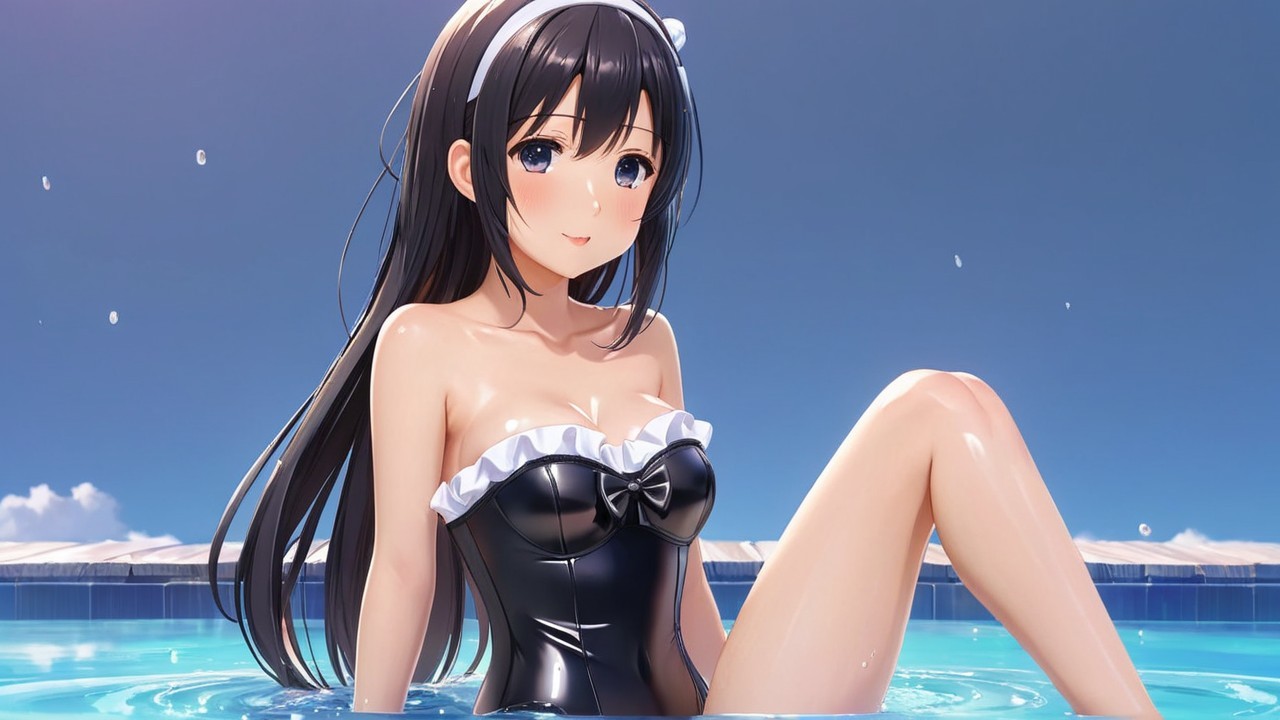 Young woman in black swimsuit relaxing in pool