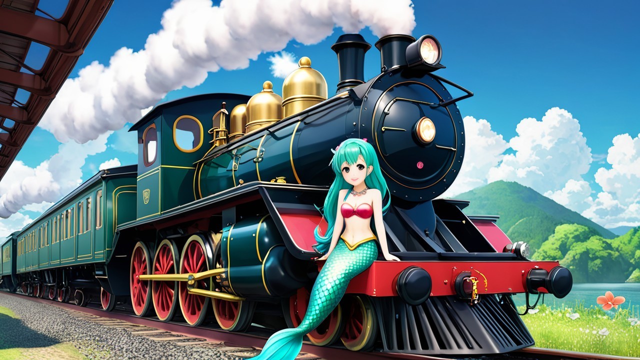 Vintage steam train with mermaid in whimsical setting