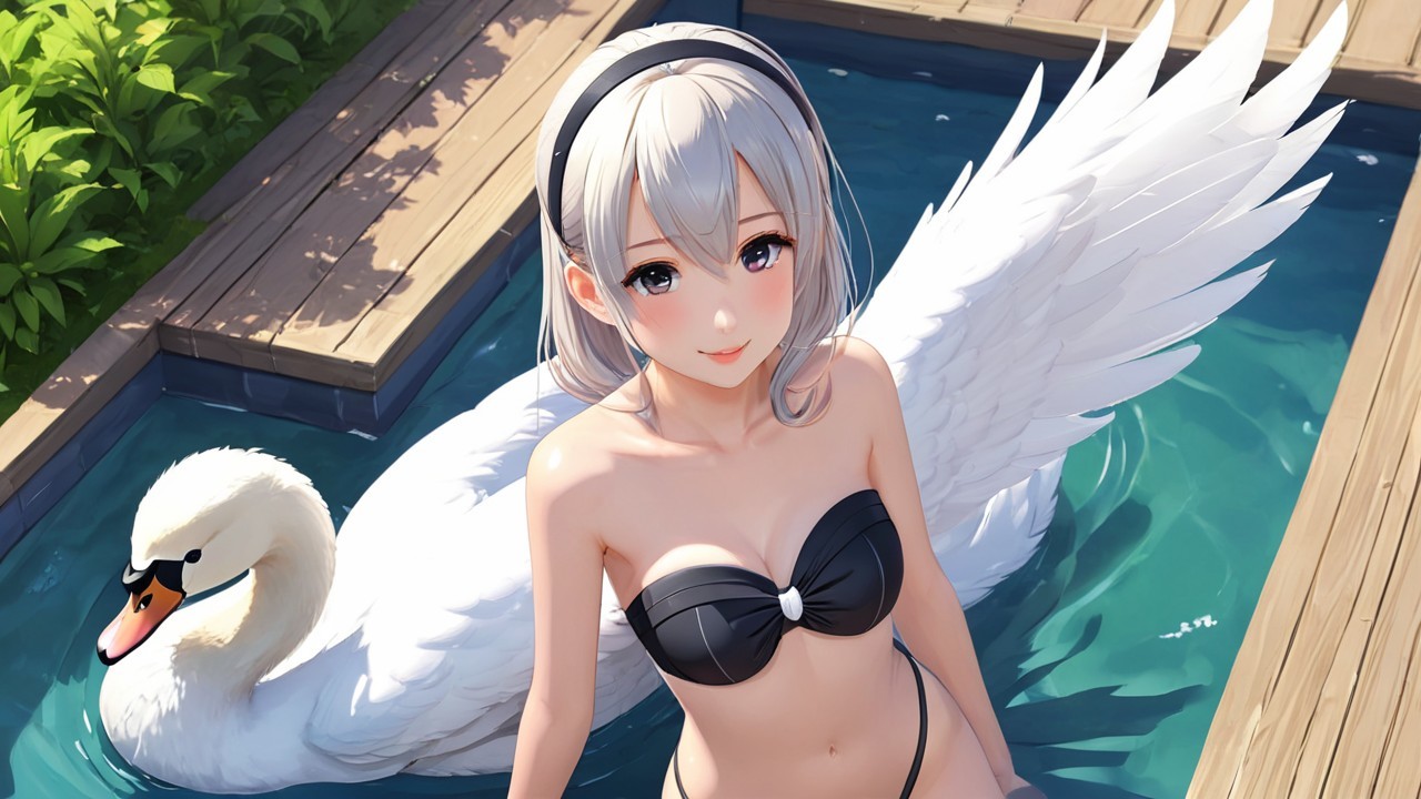 Young Woman by Pool with Swan and Lush Greenery