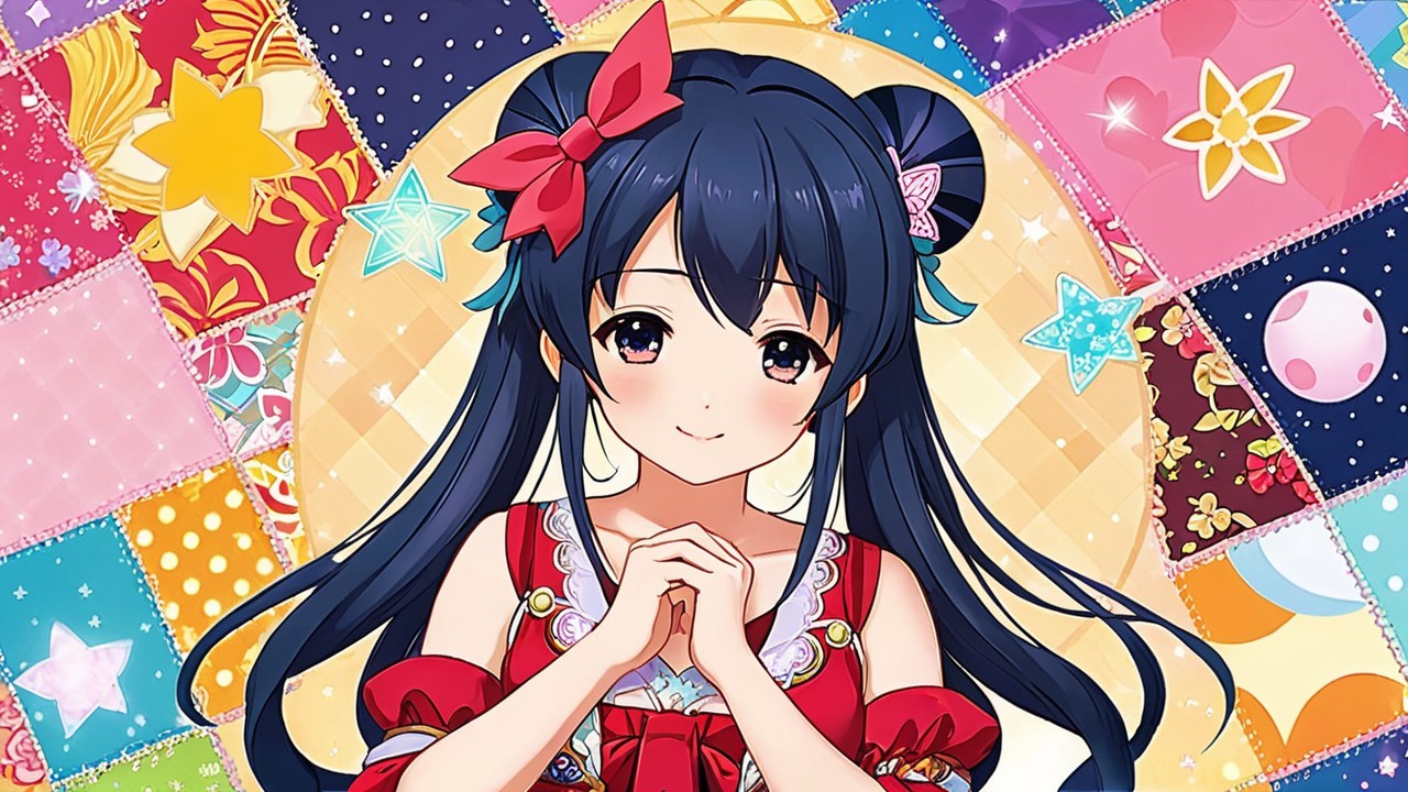 Cheerful anime girl in vibrant red dress and colorful background