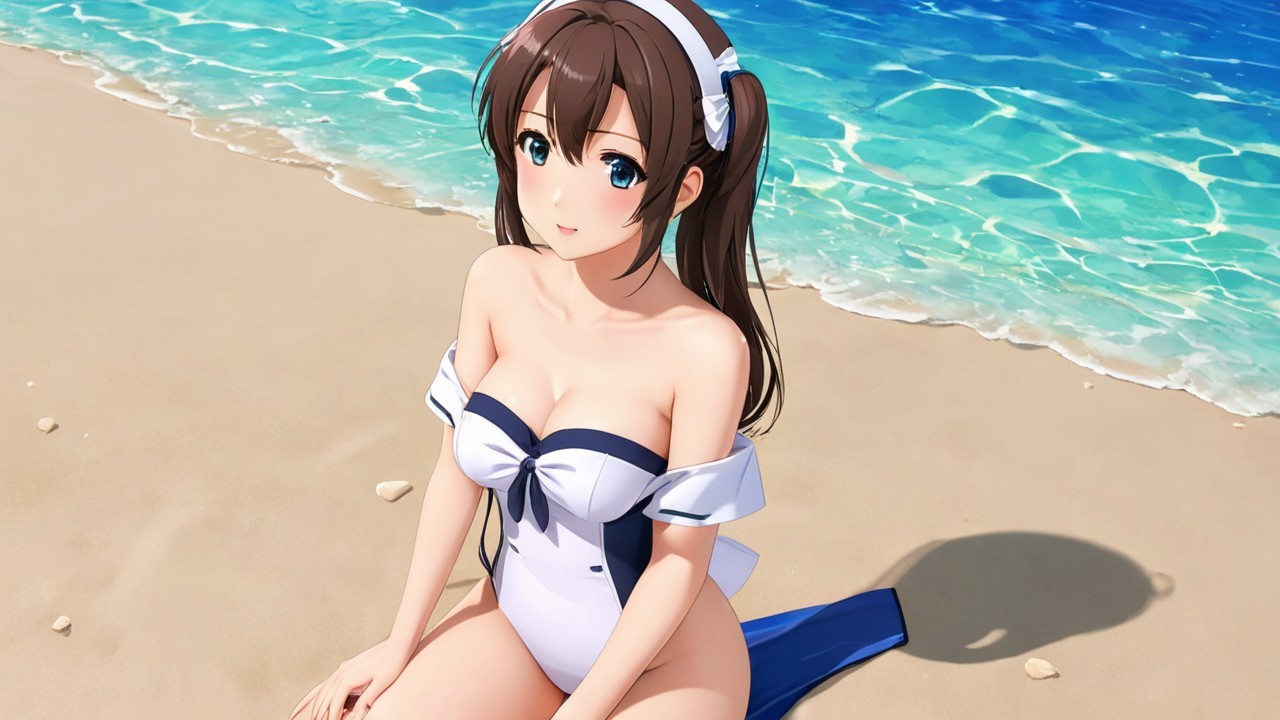 Character in Swimsuit at Serene Beach Setting
