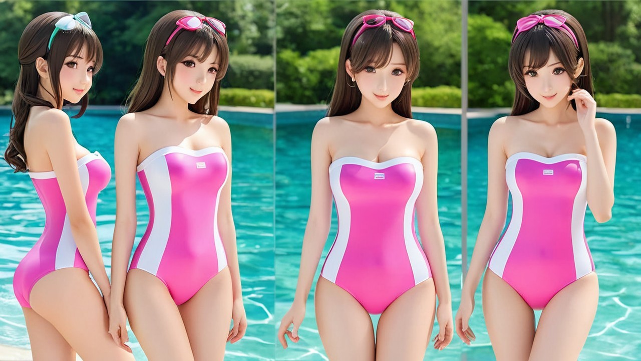 Model in Pink One-Piece Swimsuit by Poolside