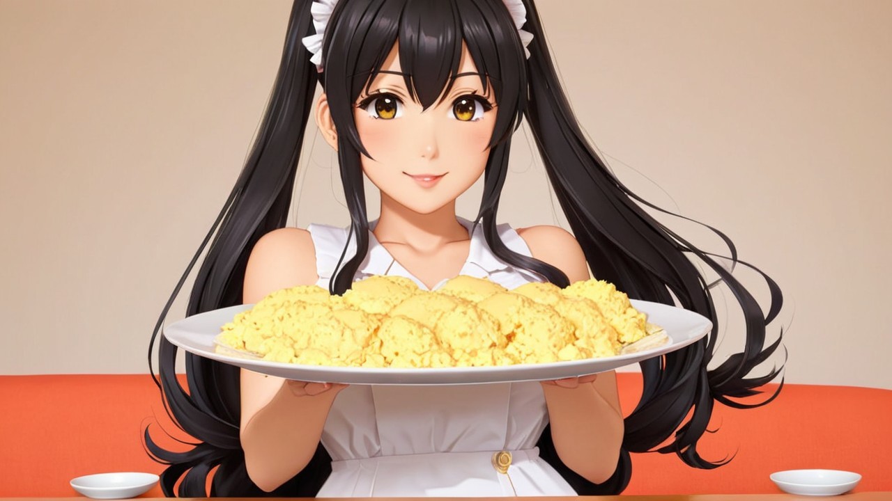 Cheerful anime character with dumplings in white dress