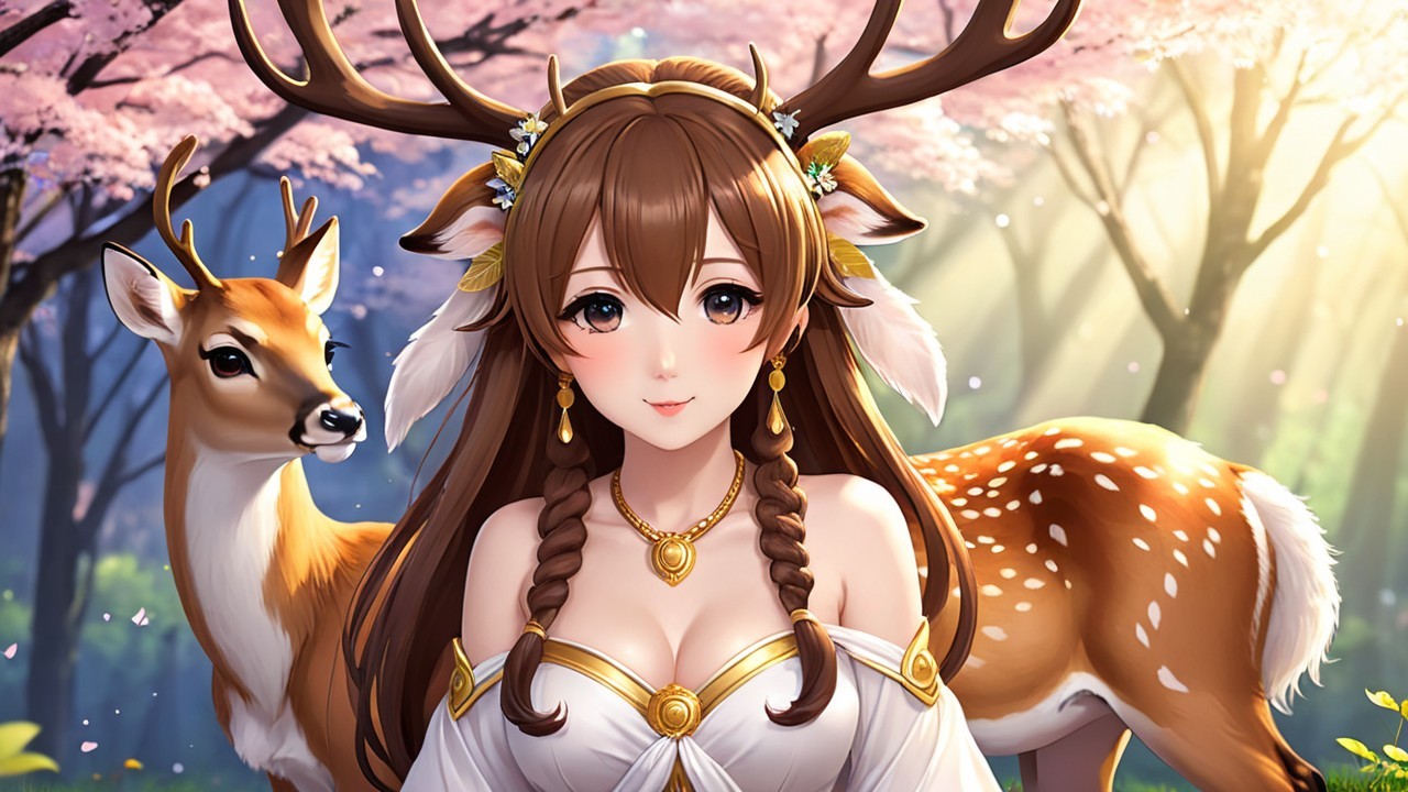 Ethereal Woman with Antlers in Serene Forest Scene