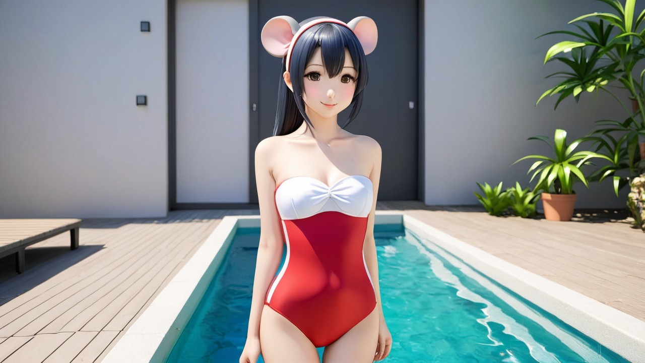 Stylized Character by Pool in Red and White Swimsuit