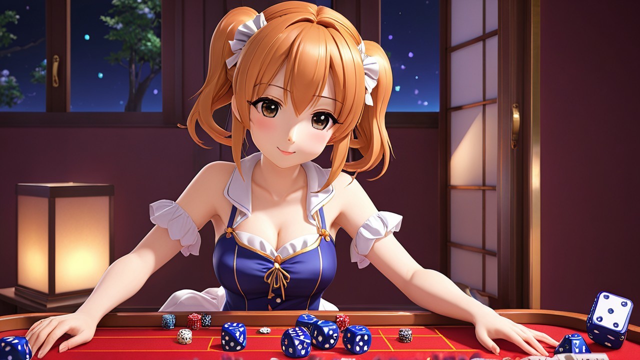 Anime Character at Dimly Lit Gaming Table with Dice