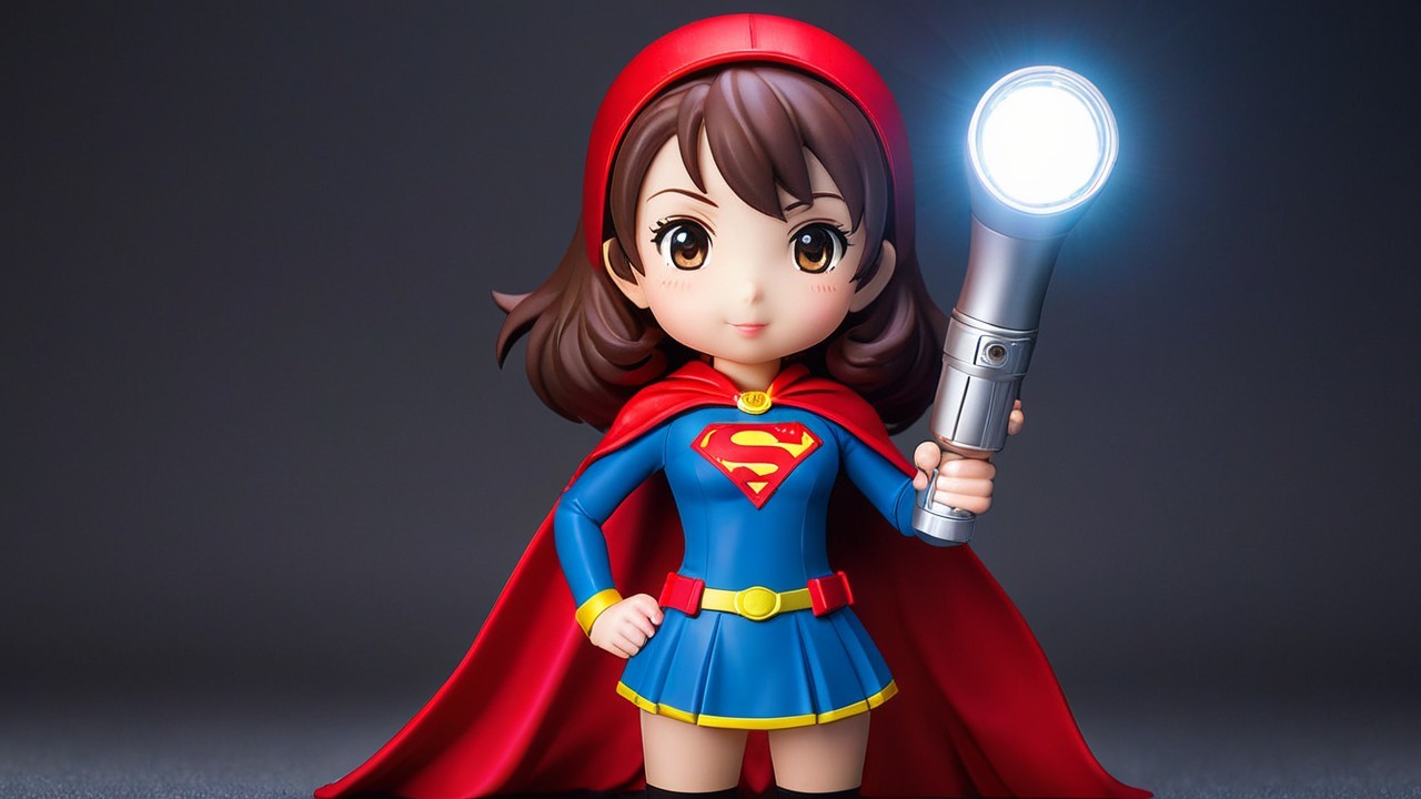 Chibi-style young superhero figure with a flashlight