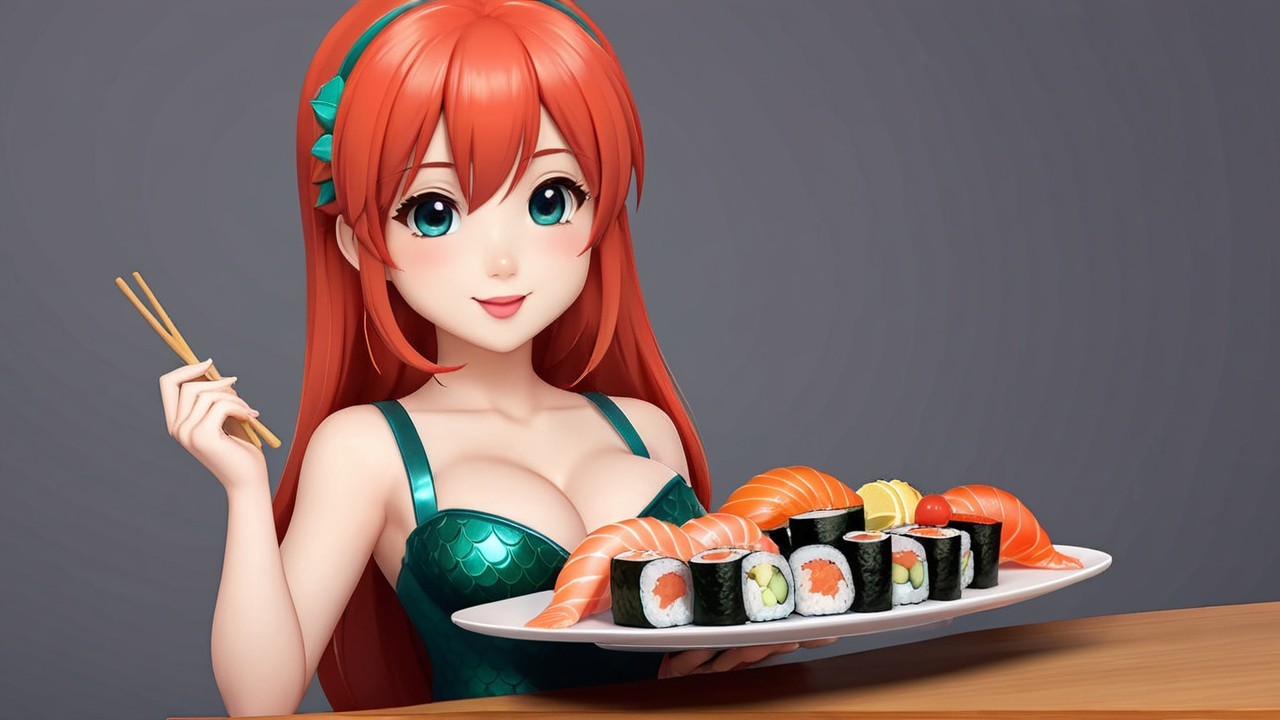 Animated Character with Sushi Platter and Teal Outfit