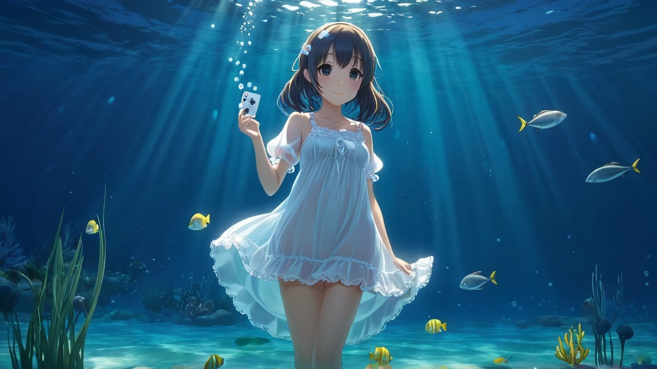 Young girl underwater in white dress with fish