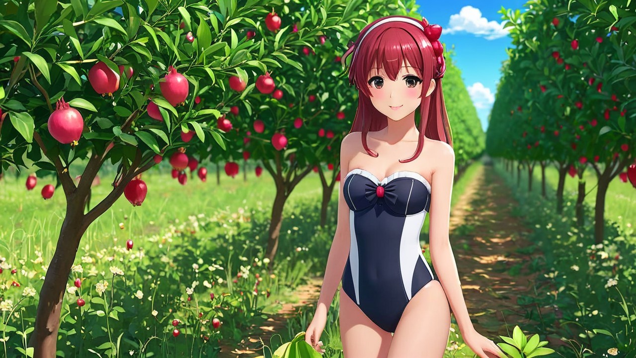 Young woman in swimsuit among vibrant pomegranate trees