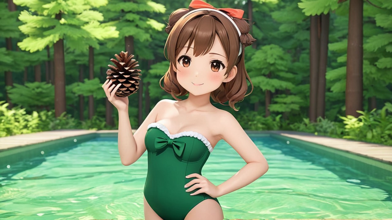 Cheerful Anime Character by Shimmering Pool in Forest