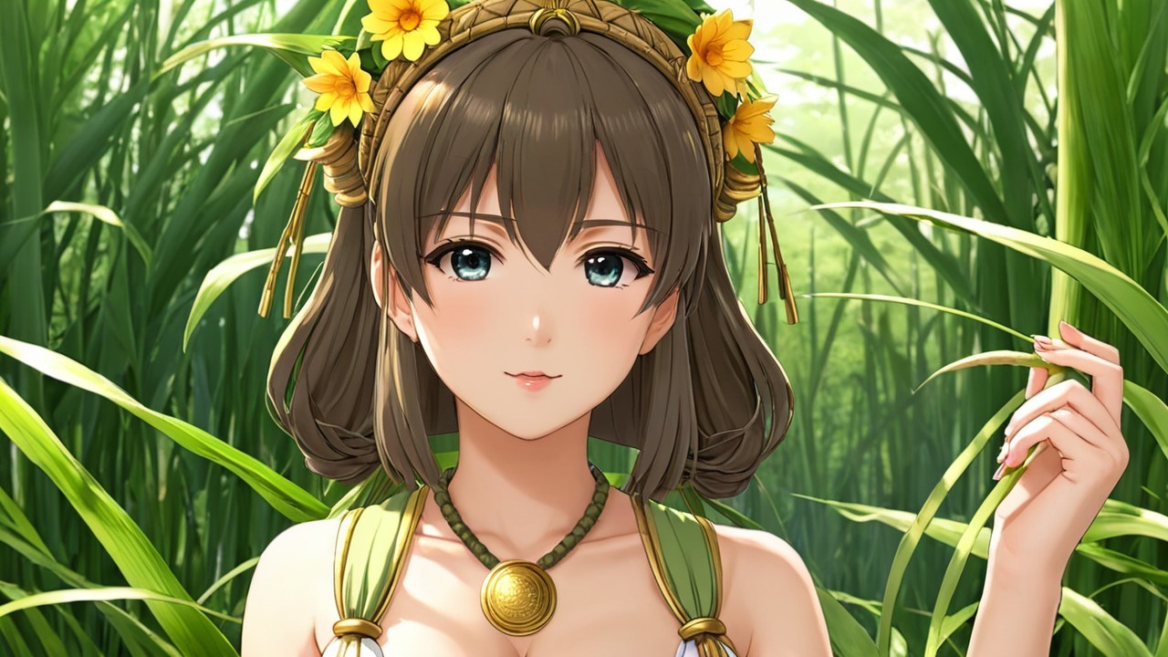 Young woman in floral headband in sunlit grass