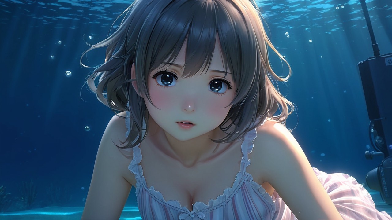 Young girl exploring underwater in serene blue depths