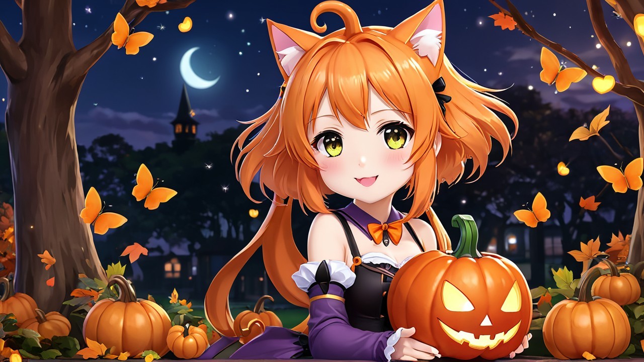 Cheerful girl with orange hair among glowing pumpkins