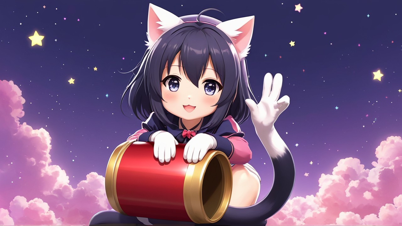 Cute anime girl with cat ears beside a red cannon